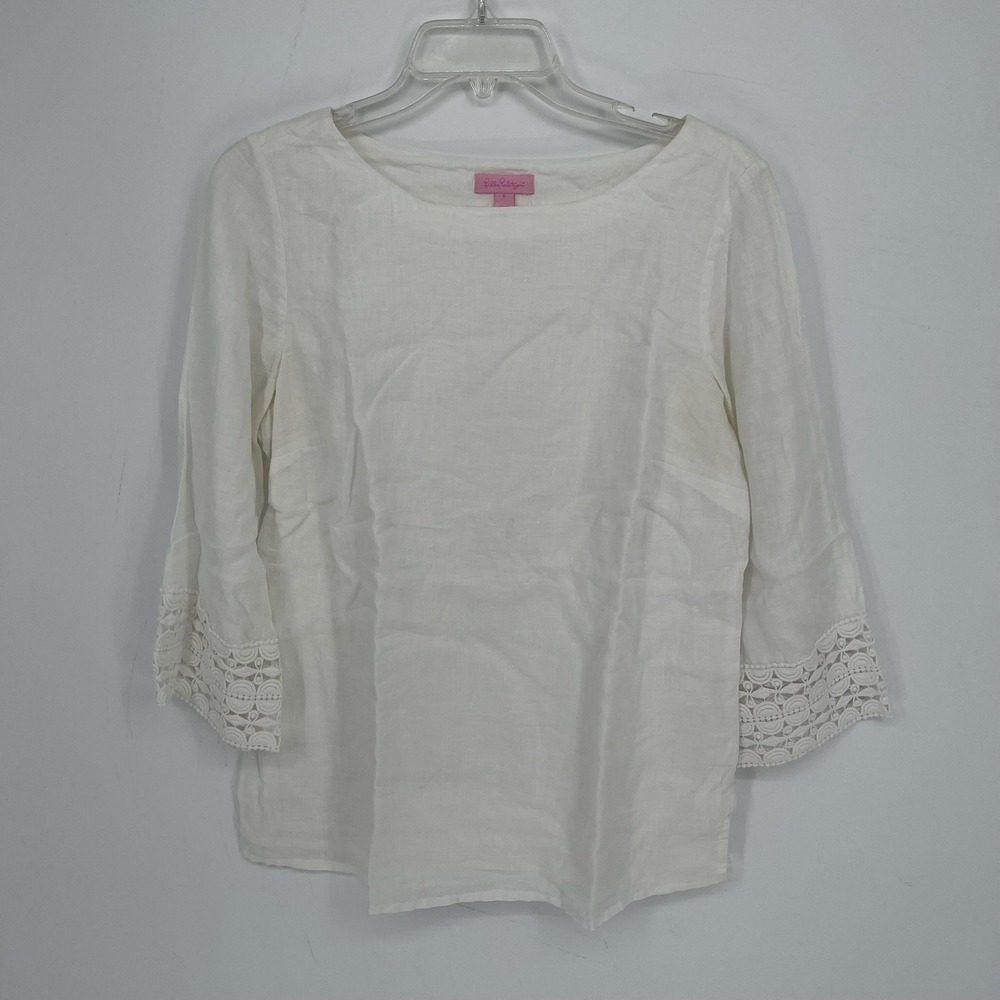 Lilly Pulitzer Women's White Crochet Trim 3/4 Sleeve Peasant Boho Blouse Size S